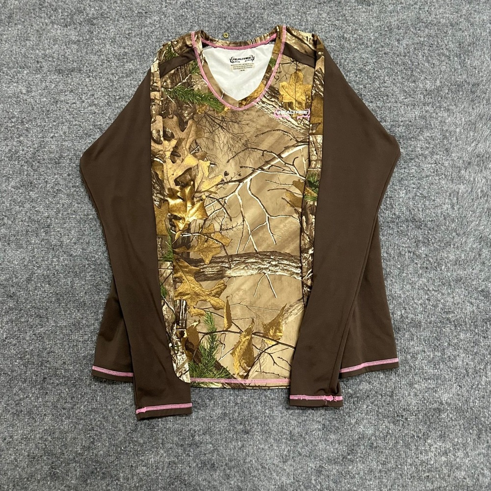 Realtree Shirt Womens XL Brown Camouflage Pink Stitching Long Sleeve Performance
